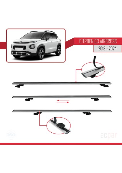 Citroen C3 Aircross 2018 ve Sonrası ile Uyumlu Basıc Model Universal Ara Atkı Tavan Barı Gri 3 Adet