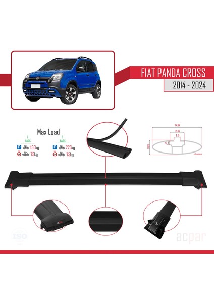 Fiat Panda Cross 2014 ve Sonrası ile Uyumlu Fly Model Ara Atkı Tavan Barı Siyah
