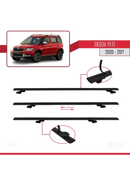 Skoda Yeti 2009-2017 Arası  ile Uyumlu Basıc Model Universal Ara Atkı Tavan Barı Siyah 3 Adet