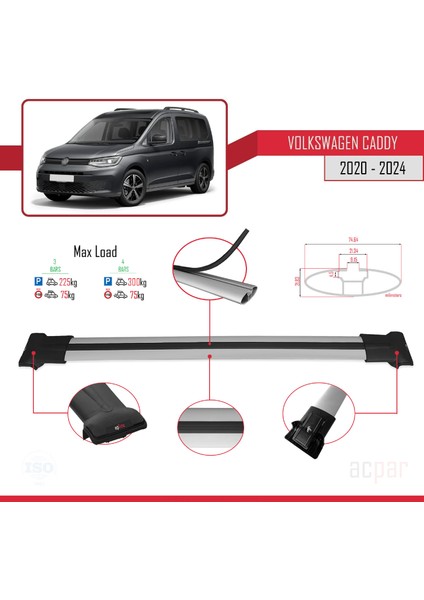Volkswagen Caddy 2020 ve Sonrası ile Uyumlu Fly Model Ara Atkı Tavan Barı Gri 4 Adet Bar