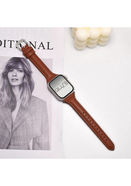 Apple Watch Seri SE/11/10/9/8/7/6/5/4/3 İle Uyumlu 46MM-45MM-44MM İnce Deri Kordon Kahverengi modelleri