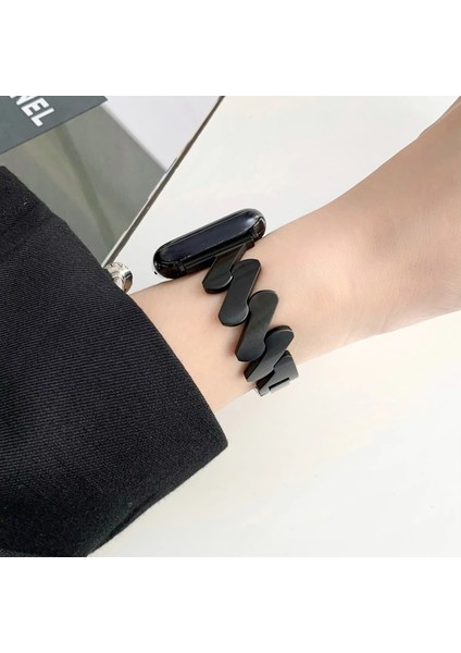 Apple Watch Seri SE/10/9/8/7/6/5/4/3 ile Uyumlu 46MM-45MM-44MM-42MM Infinity Link Zigzag Metal Kordon Siyah