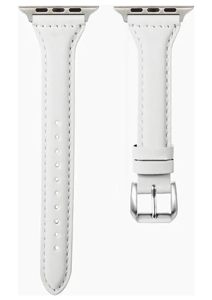 Apple Watch Seri SE/11/10/9/8/7/6/5/4/3 ile Uyumlu 42MM- 41MM-40MM-38MM İnce Deri Kordon Beyaz
