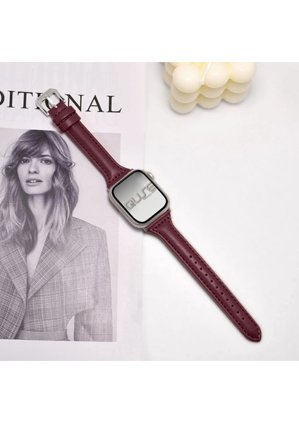 Apple Watch Seri SE/11/10/9/8/7/6/5/4/3 ile Uyumlu 42MM- 41MM-40MM-38MM İnce Deri Kordon Mürdüm modelleri