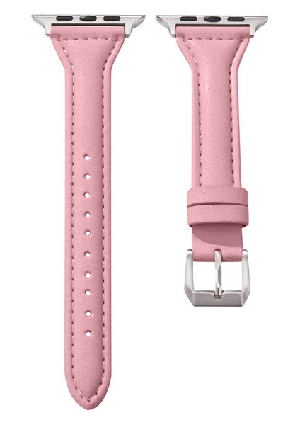 Apple Watch Seri SE/11/10/9/8/7/6/5/4/3 ile Uyumlu 42MM- 41MM-40MM-38MM İnce Deri Kordon Pembe