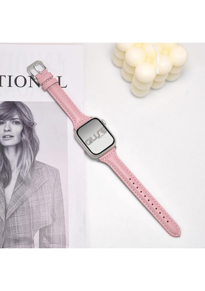 Apple Watch Seri SE/11/10/9/8/7/6/5/4/3 ile Uyumlu 42MM- 41MM-40MM-38MM İnce Deri Kordon Pembe fiyatları