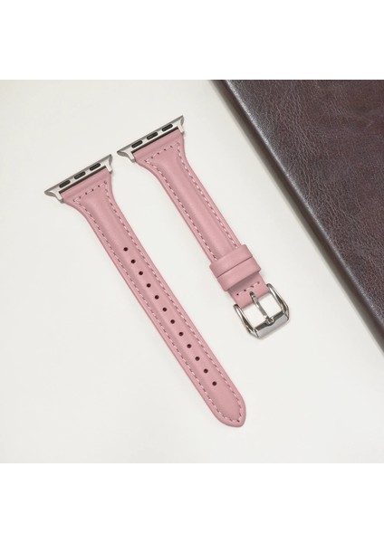 Apple Watch Seri SE/11/10/9/8/7/6/5/4/3 ile Uyumlu 42MM- 41MM-40MM-38MM İnce Deri Kordon Pembe modelleri