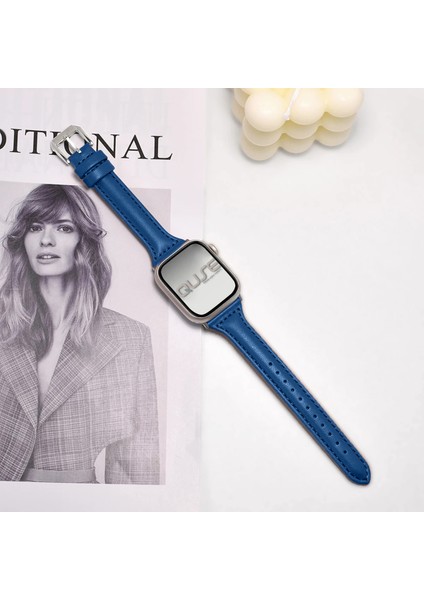 Apple Watch Seri SE/11/10/9/8/7/6/5/4/3 ile Uyumlu 42MM- 41MM-40MM-38MM İnce Deri Kordon Mavi modelleri