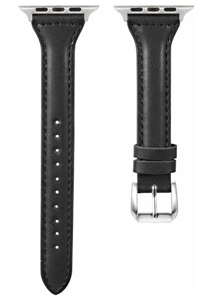 Apple Watch Seri SE/10/9/8/7/6/5/4/3 İle Uyumlu 46MM-45MM-44MM-42MM İnce Deri Kordon Siyah