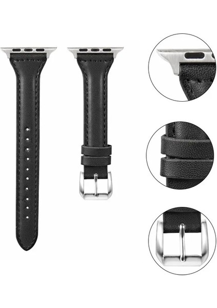 Apple Watch Seri SE/10/9/8/7/6/5/4/3 İle Uyumlu 46MM-45MM-44MM-42MM İnce Deri Kordon Siyah fiyatları