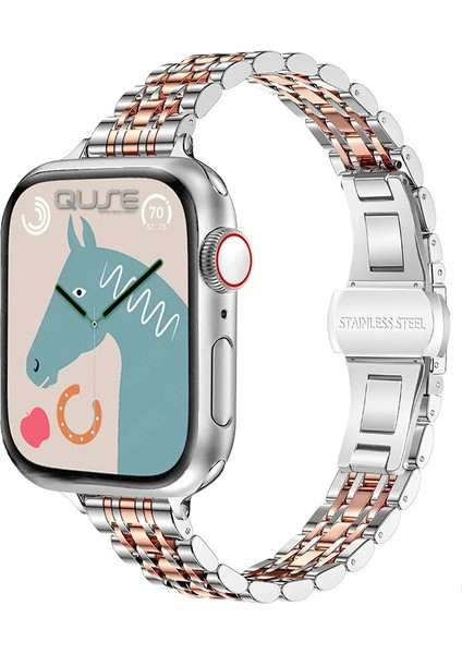 Apple Watch Seri SE/10/9/8/7/6/5/4/3 ile Uyumlu 46MM-45MM-44MM-42MM Çelik İnce Jubilee Kordon Gümüş / Rose