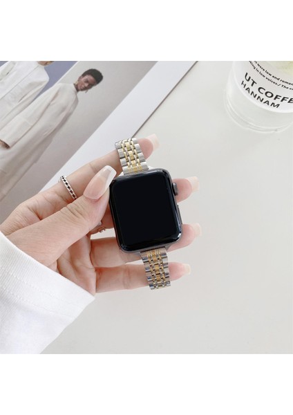 Apple Watch Seri SE/10/9/8/7/6/5/4/3 ile Uyumlu 42MM-41MM-40MM-38MM Çelik İnce Jubilee Kordon Gümüş / Gold fiyatları