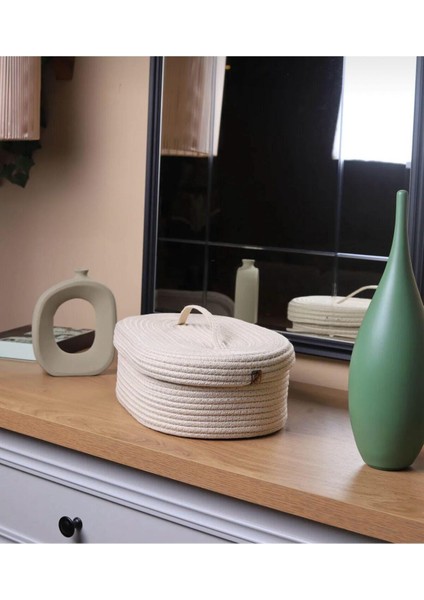 Jüt Hasır Sepet Oval Kapaklı Organizer