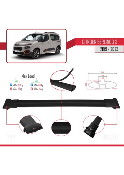 Citroen Berlingo 3 2019-2023 Arası ile Uyumlu Fly Model Ara Atkı Tavan Barı Siyah 2 Adet
