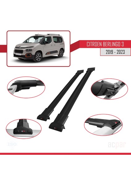 Citroen Berlingo 3 2019-2023 Arası ile Uyumlu Fly Model Ara Atkı Tavan Barı Siyah 2 Adet