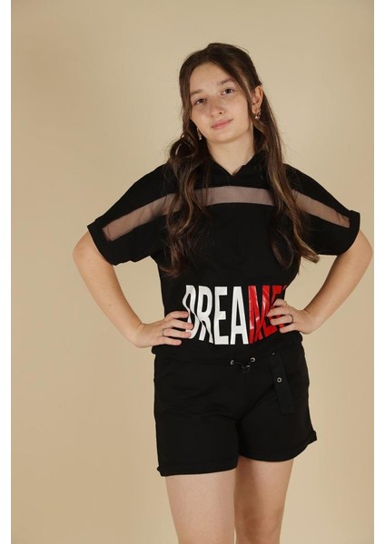09-14 Yaş Kız Çocuk Siyah Renk Dreamer Kapşonlu T-Shirt