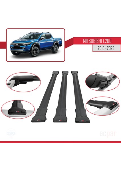 Mitsubishi L200 2015-2023 Arası ile Uyumlu Fly Model Ara Atkı Tavan Barı Siyah 3 Adet Bar