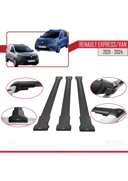 Renault Express 2021 ve Sonrası ile Uyumlu Fly Model Ara Atkı Tavan Barı Siyah 3 Adet