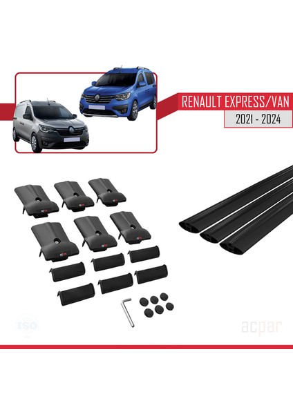 Renault Express 2021 ve Sonrası ile Uyumlu Fly Model Ara Atkı Tavan Barı Siyah 3 Adet