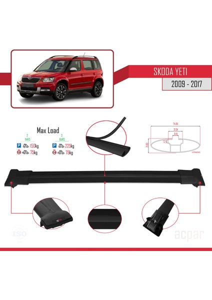 Skoda Yeti 2009-2017 Arası ile Uyumlu Fly Model Ara Atkı Tavan Barı Siyah