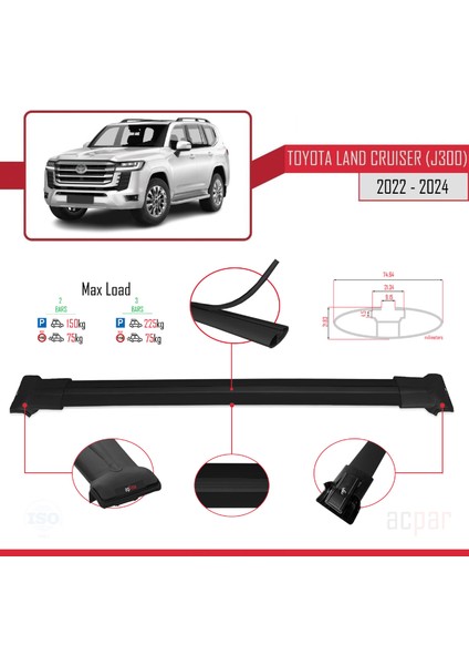 Toyota Land Cruiser (J300) 2022 ve Sonrası ile Uyumlu Fly Model Ara Atkı Tavan Barı Siyah