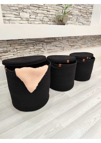 Hasır,jüt, Çok Amaçlı Düzenleyici Kapaklı 3'lü Sepet,kapaklı Çamaşır Sepeti, 36X32X28