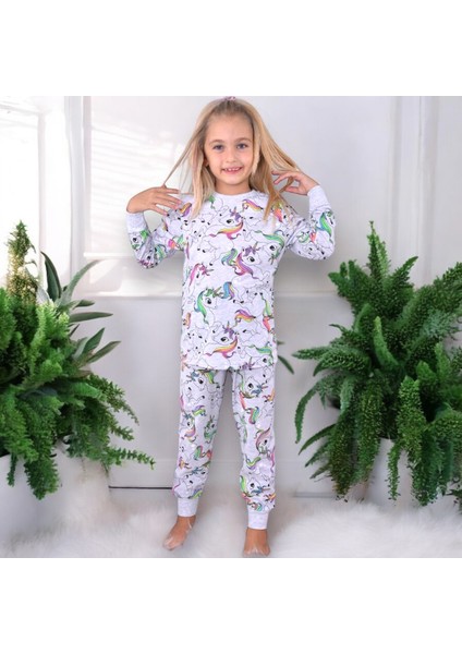 Kız Çocuk Gri Melange Üzeri Çok Renkli Sevimli Efsanevi At Desenli Basic Pijama Takımı 2 Parça