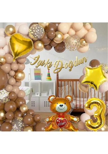 3 Yaş 36 Cm Ayıcıklı Lüks Kahverengi Doğum Günü Süsü Doğum Günü Parti Balon Seti