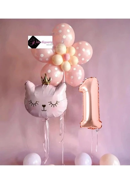 1 Yaş Çiçek Kedi Balon Demeti Doğum Günü Süsü Doğum Günü Parti Seti