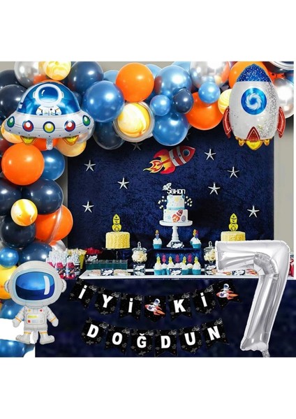 Uzay Temalı Doğum Günü Seti 7 Yaş; 4 Adet Folyo, 50 Lateks Balon, Banner, Balon Zinciri, Balon Bandı