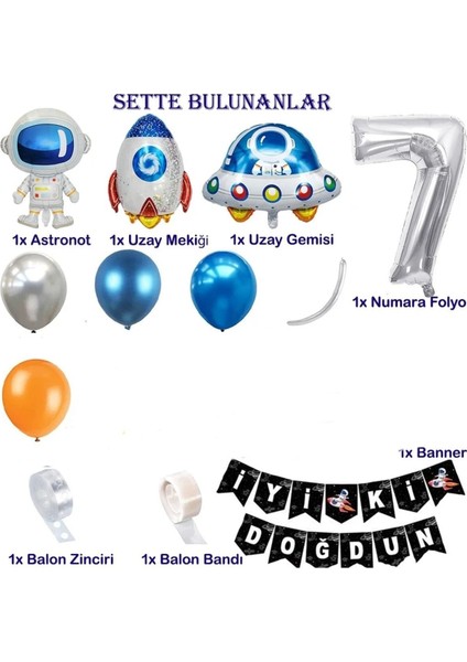 Uzay Temalı Doğum Günü Seti 7 Yaş; 4 Adet Folyo, 50 Lateks Balon, Banner, Balon Zinciri, Balon Bandı