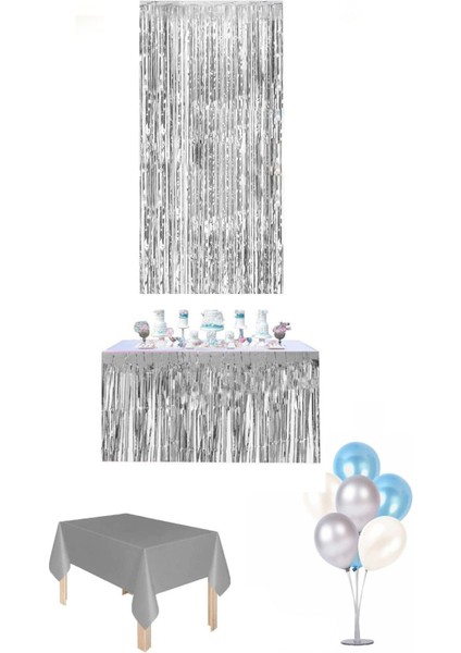 Metalize Perde Metalize Masa Eteği Plastik Masa Örtüsü 7 Balon Standı Seti