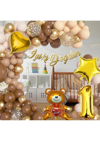 1 Yaş 36 Cm Ayıcıklı Lüks Kahverengi Doğum Günü Süsü Doğum Günü Parti Balon Seti