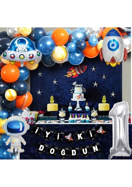Uzay Temalı Doğum Günü Seti 1 Yaş; 4 Adet Folyo, 50 Lateks Balon, Banner, Balon Zinciri, Balon Bandı