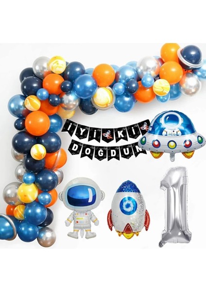 Uzay Temalı Doğum Günü Seti 1 Yaş; 4 Adet Folyo, 50 Lateks Balon, Banner, Balon Zinciri, Balon Bandı modelleri