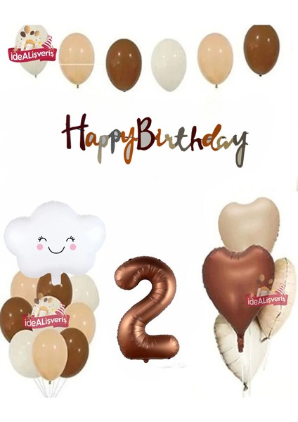 Kahverengi 2 Yaş Bulut Folyo Balonlu Krem Kahverengi Beyaz Doğum Günü Parti Seti