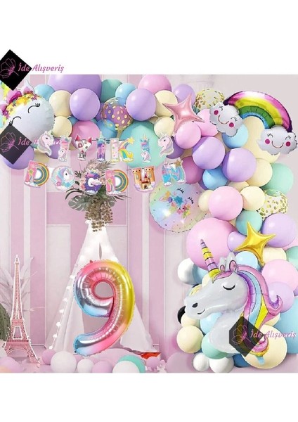 9 Yaş Karakterli Unicorn Temalı Iyi Ki Doğdun Makaron Balon Doğum Günü Parti Kutlama Seti