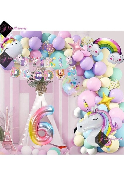 6 Yaş Karakterli Unicorn Temalı Iyi Ki Doğdun Makaron Balon Doğum Günü Parti Kutlama Seti