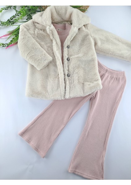 Kız Çocuk Kürklü Kaban Bady Pantolon Fitilli Kumaş Kalın Üçlü Takım Kışlık Takım Premium Kalite