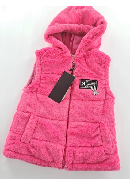 Kız Çocuk Yelek Peluş Kapüşonlu Içi Astarlı Pembe ve Pudra Pembe Renk Seçenkleri Cep Detaylı Fermuar