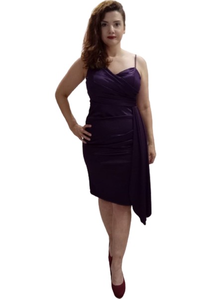 Mor Askılı Kısa Saten Kalem Abiye Elbise
