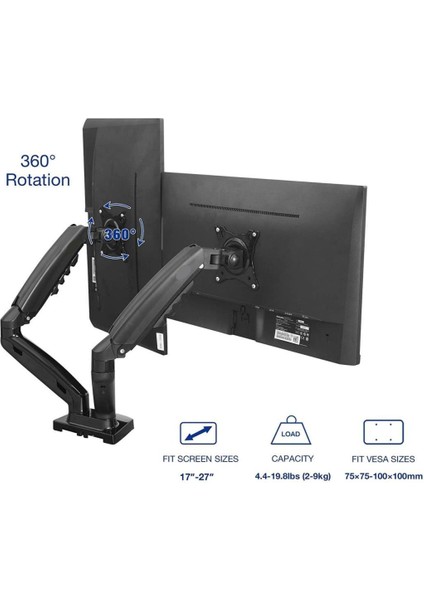 F160 Amortisörlü Çiftli 17-27'' Masa Üstü Monitör Tutucu