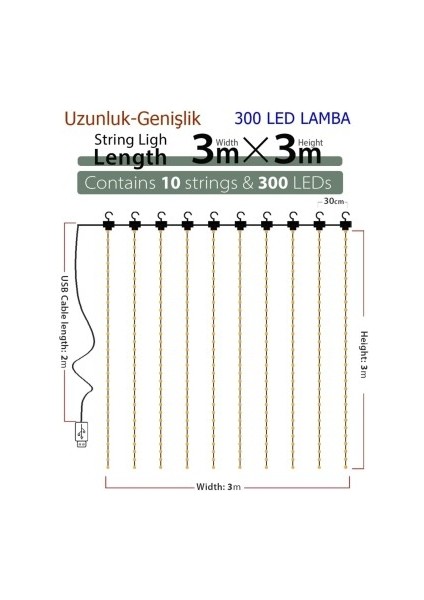 Maygi Store 8 Fonksiyonlu Peri Perde Led Uzaktan Kumandalı Günışığı Perde Peri Led (3 Mt  x  3 Mt)