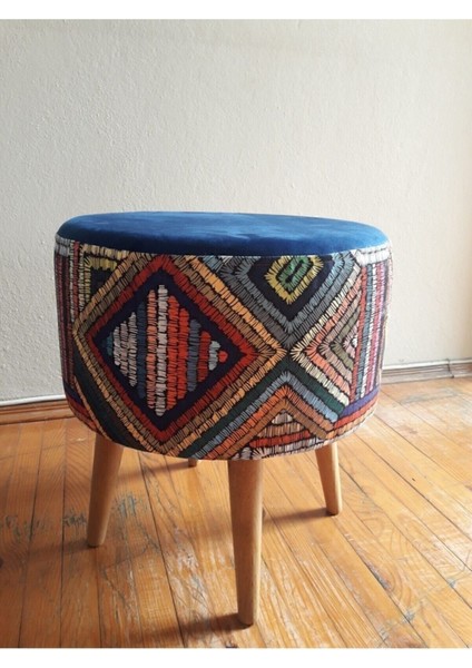 Tekno Trust Ahşap Retro Gürgen Ahşap Ayaklı Dekoratif Etnik Üst Lacivert Desenli Silindir Puf Bench Koltuk Poly