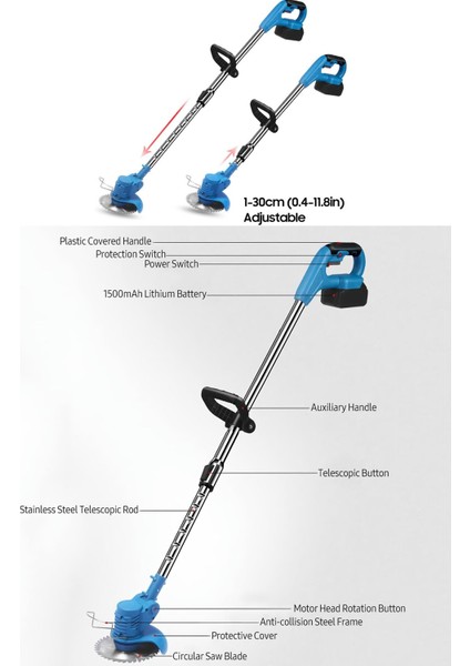 PH201 Teleskopik El Tipi Çift Bataryalı 88VF Ot,çim,dal Biçme Kesme Makinesi (Mavi)