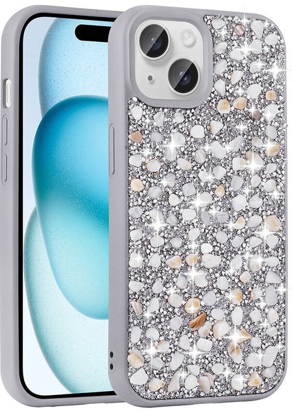 Apple iPhone 15 Kılıf Parlak Taşlı Tasarım Linea Kapak - Gümüş