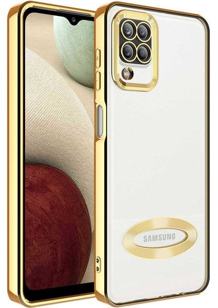 Samsung Galaxy A12 Kılıf Kamera Korumalı Logo Gösteren Omega Kapak - Gold