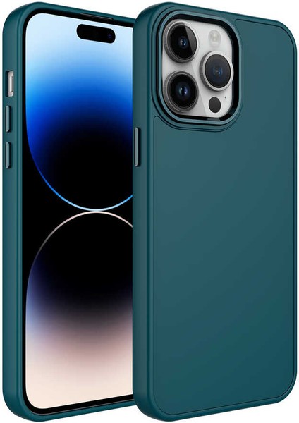 Apple iPhone 14 Pro Kılıf Metal Çerçeve ve Buton Tasarımlı Silikon Luna Kapak - Koyu Yeşil