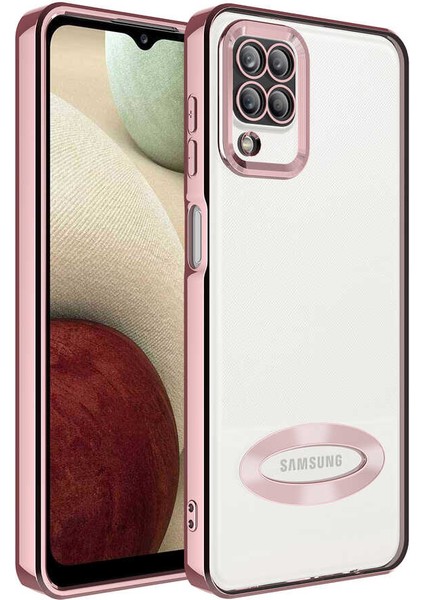 Samsung Galaxy A12 Kılıf Kamera Korumalı Logo Gösteren Omega Kapak - Rose Gold