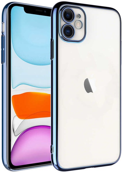 Apple iPhone 11 Kılıf Sert Pc Renkli Çerçeveli Riksos Kapak - Mavi